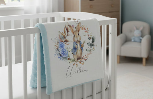Personalised Blue Rabbit Baby Blanket | Custom Name Romper | New Baby Gift