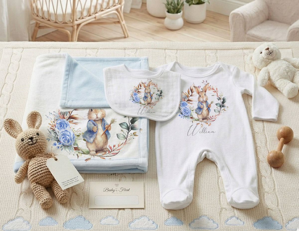 Personalised Blue Rabbit Baby Blanket | Custom Name Romper | New Baby Gift