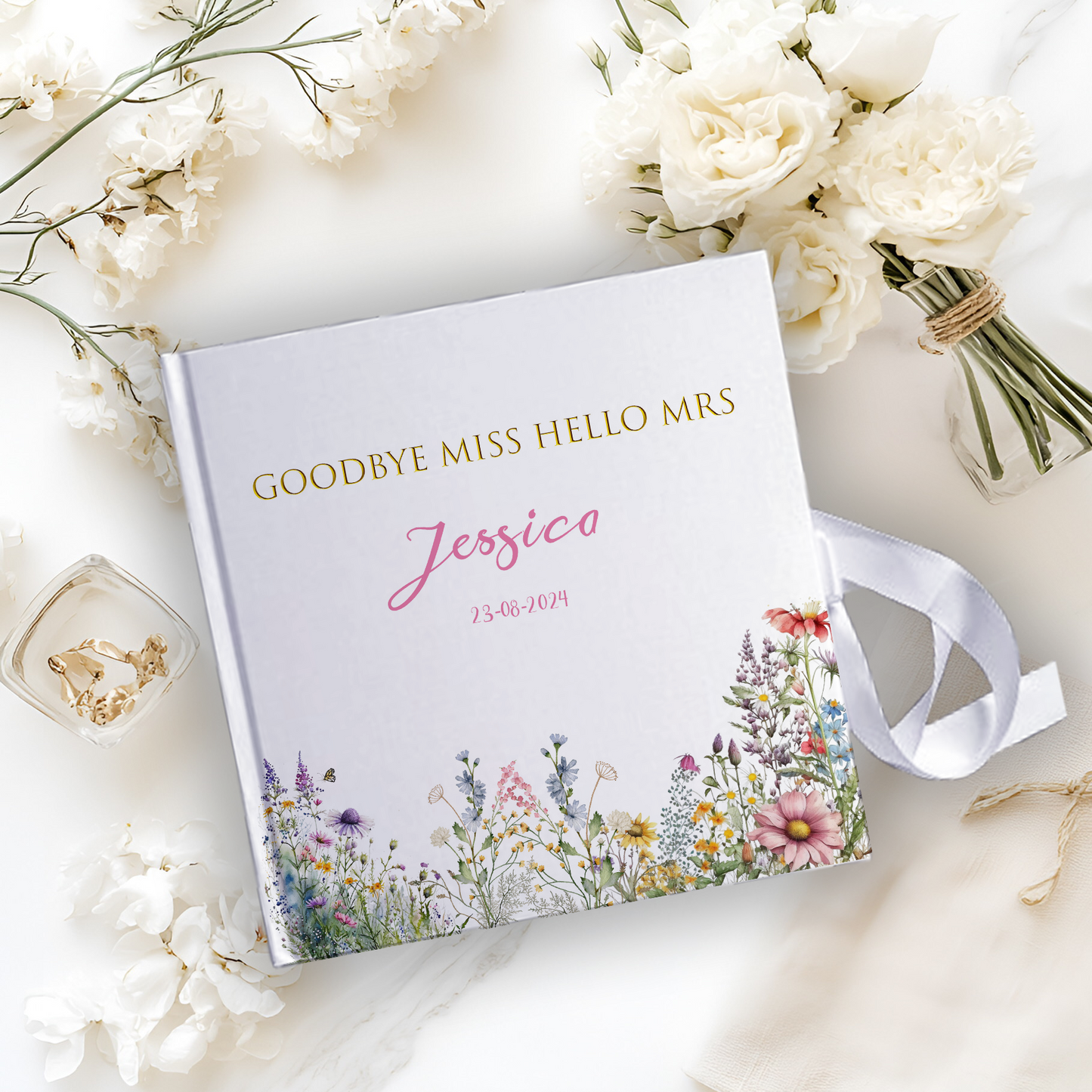 Goodbye Miss hello Mrs  Wedding Spring Floral Guestbook with Ribbon