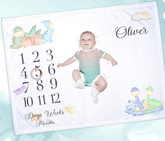 Personalised Dino Milestone Baby Blanket Gift Set