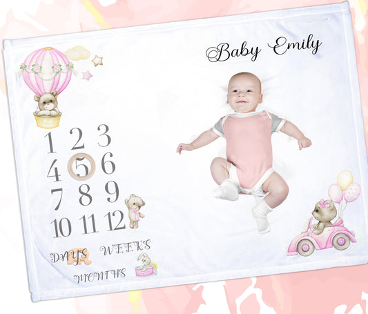 Pink Hot Air Balloon Milestone Baby Blanket Gift Set