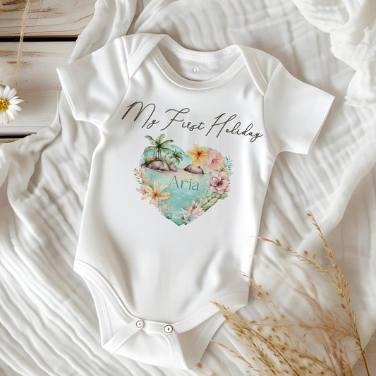 Personalised First Holiday Heart Design Baby Vest