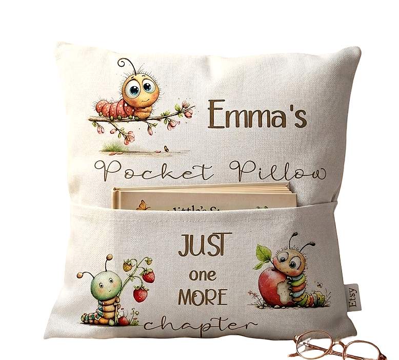 Personalised Caterpillar Book Pocket Pillow - Custom Kids Reading Gift for Story Time Nursery cushion