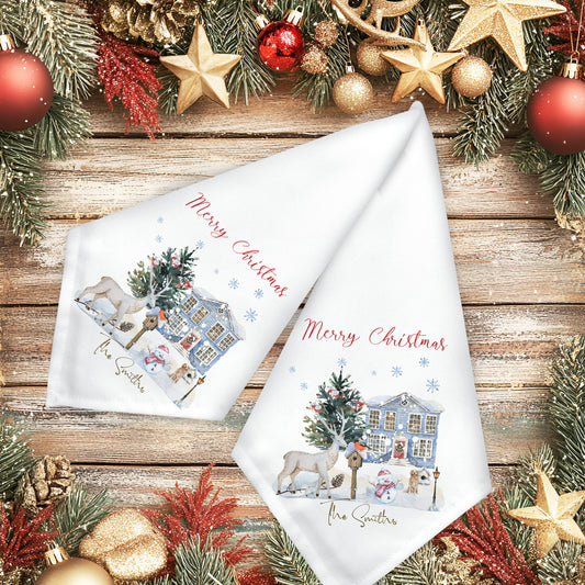 Personalised Rain Deer Christmas Landscape Design Napkin Set