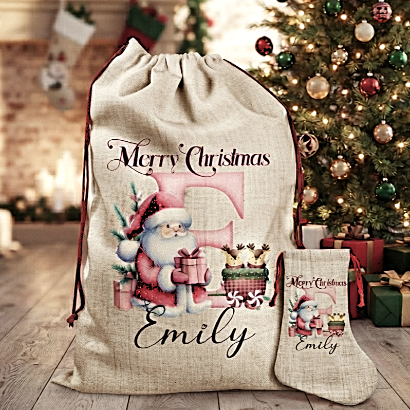 A personalized Christmas Santa sack and matching stocking set on a wooden floor in front of a decorated Christmas tree. The natural linen-style fabric features a printed illustration of Santa Claus holding a gift and the text 'Merry Christmas' and the name 'Emily'.