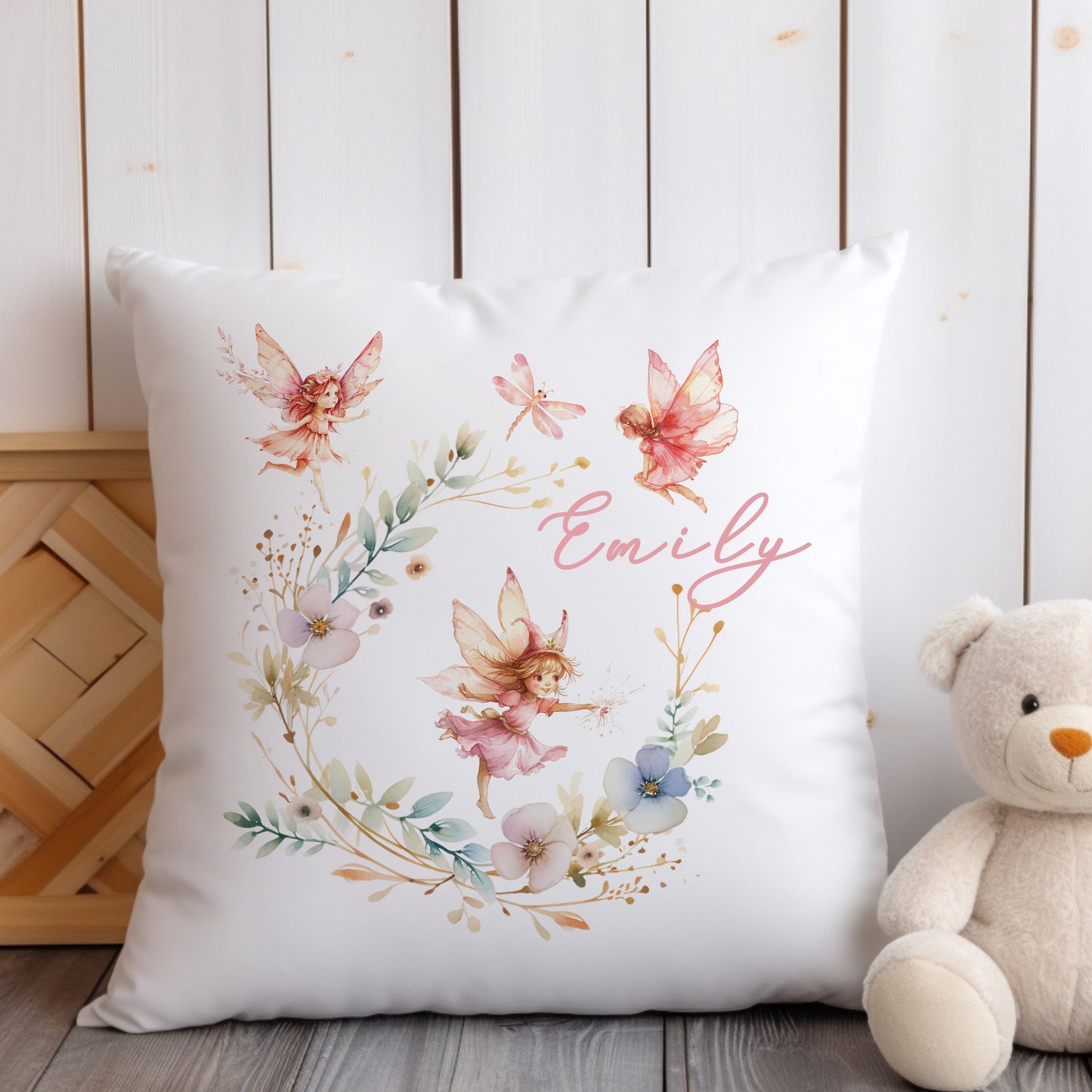 Personalised Fairy Wreath Cushion | Custom Name Nursery Pillow