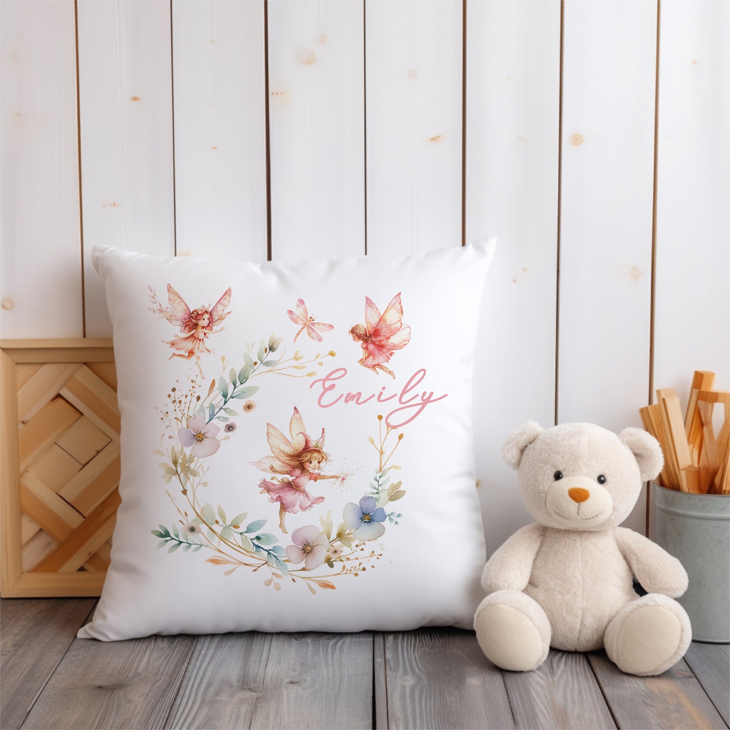 Personalised Fairy Wreath Cushion | Custom Name Nursery Pillow