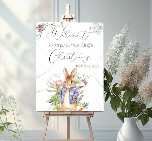 Blue Rabbit Christening Welcome Sign Banner