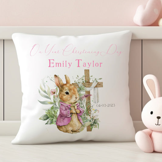 Personalised Pink Bunny print Christening Cushion