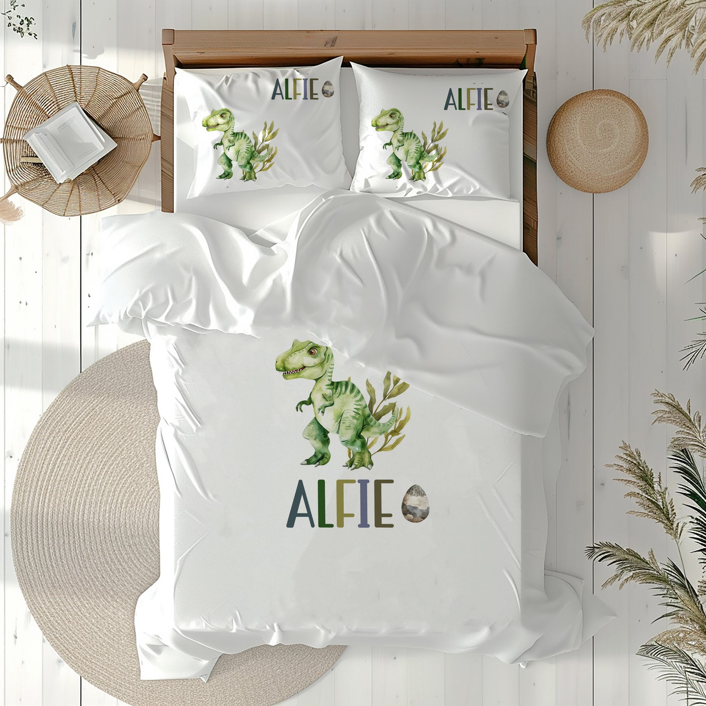 Personalised Dinosaur Bedding Set - Custom Name Earth Tone Dino Nursery Duvet Cover & Pillowcase - Brachiosaurus & Triceratops Kids Decor
