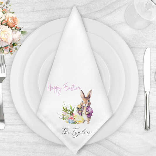 Personalised Easter Bunny & Chick Napkins | Custom Family Name Linens