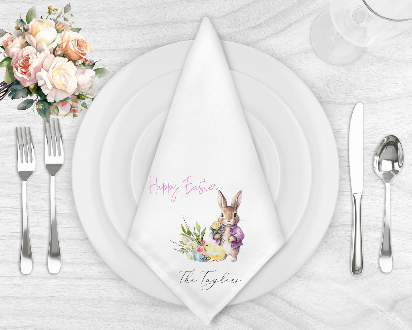 Personalised Easter Bunny & Chick Napkins | Custom Family Name Linens