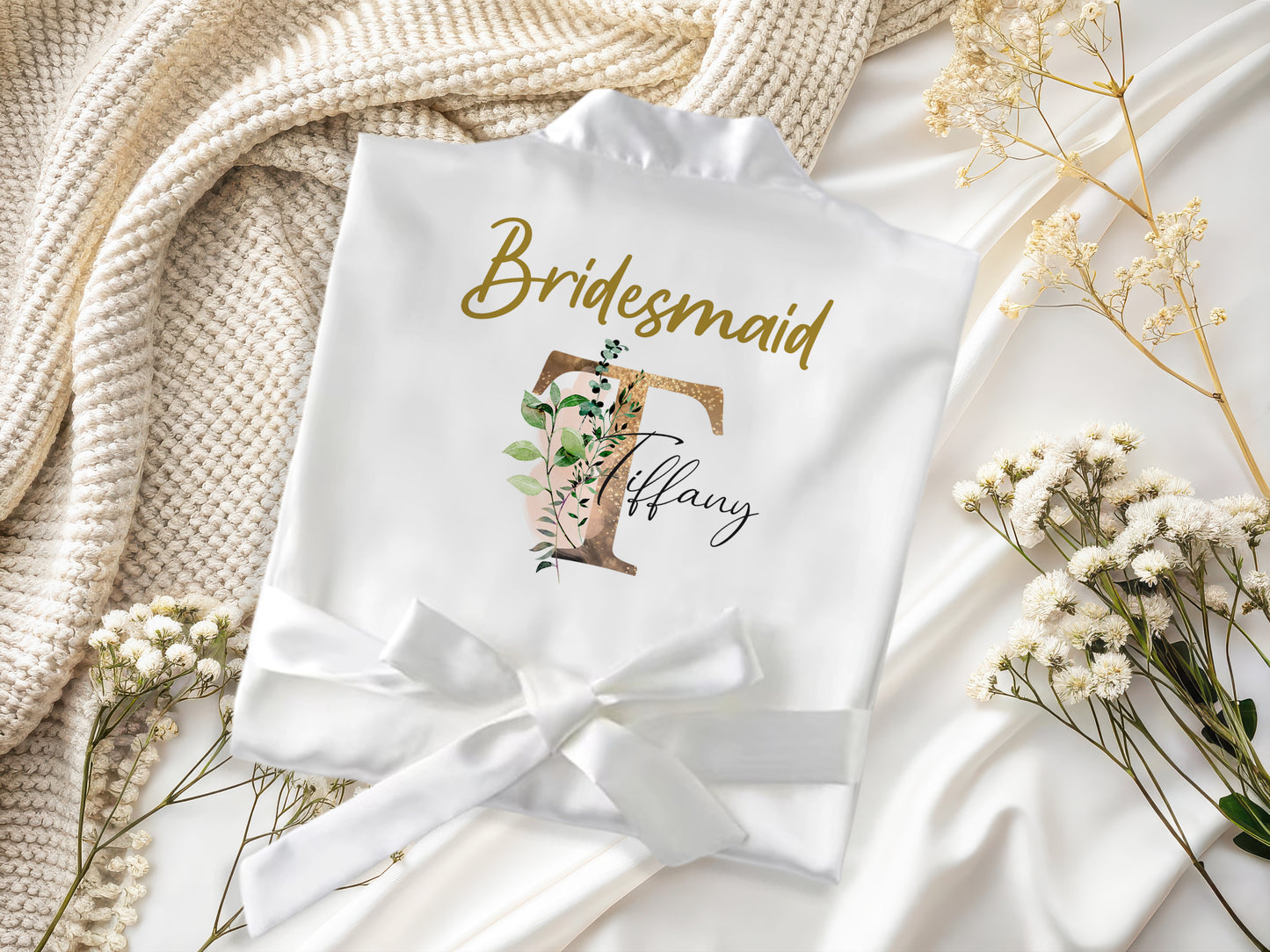 Personalised Bridesmaid Satin Robe – Custom Botanical Monogram Wedding Dressing Gown