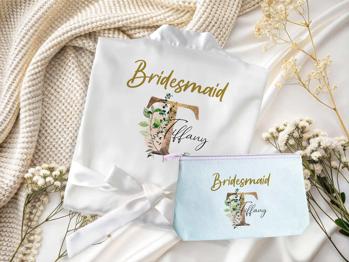 Bridesmaids White Cream Floral Robe make up bag