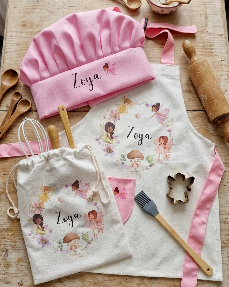 Personalised Kids Fairy Baking Apron Set, Custom Toddler Chef Hat, Mushroom Garden Nursery Gift