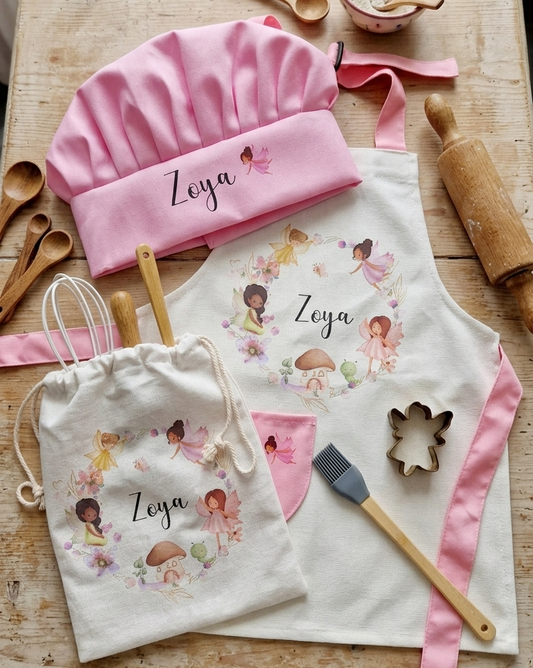 Personalised Kids Fairy Baking Apron Set, Custom Toddler Chef Hat, Mushroom Garden Nursery Gift