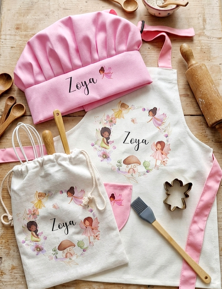 Personalised Kids Fairy Baking Apron Set, Custom Toddler Chef Hat, Mushroom Garden Nursery Gift