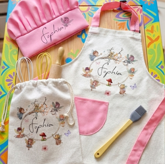 A children's cooking-themed play set arranged on a colorful table, including a pink chef hat, white apron with pink trim and embroidered characters, a matching drawstring bag, wooden spoons, a whisk, and a silicone brush. The set is photographed in a bright room with toys and shelves in the background.