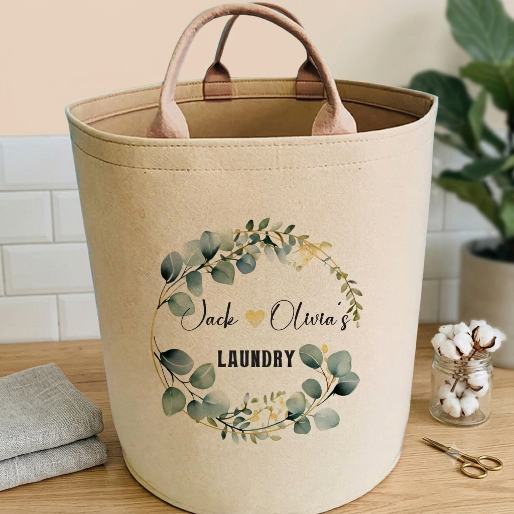 A beige fabric laundry hamper with two handles sits on a wooden table in a styled room. The front of the hamper has a personalized floral wreath design with the text 'Jack & Olivia's LAUNDRY'.