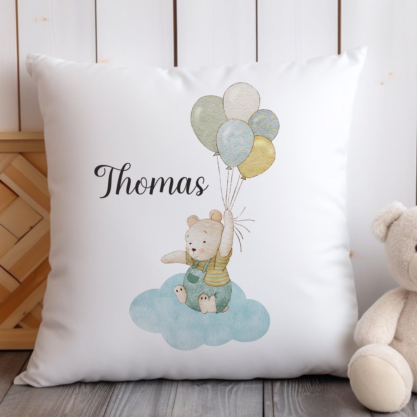 Personalised  Bear and Balloon Nursery Cushion