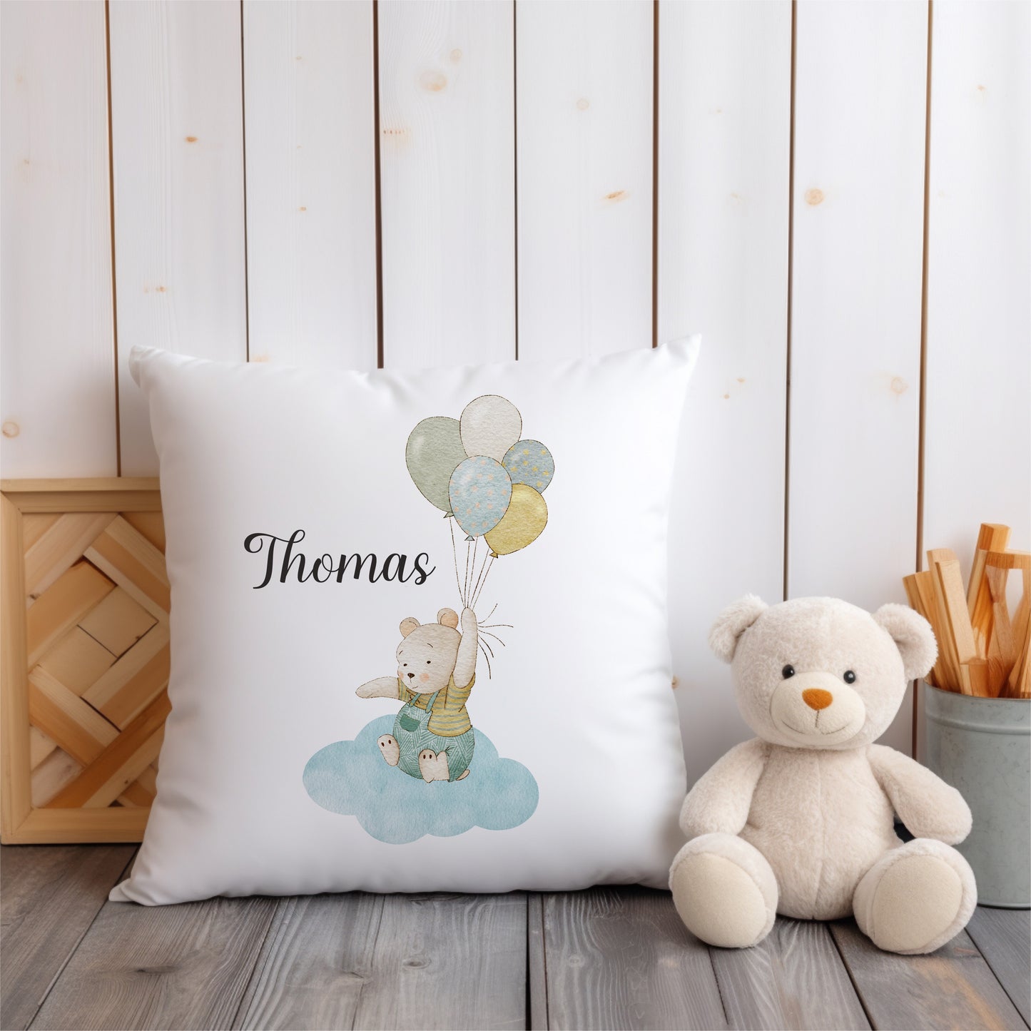 Personalised  Bear and Balloon Nursery Cushion