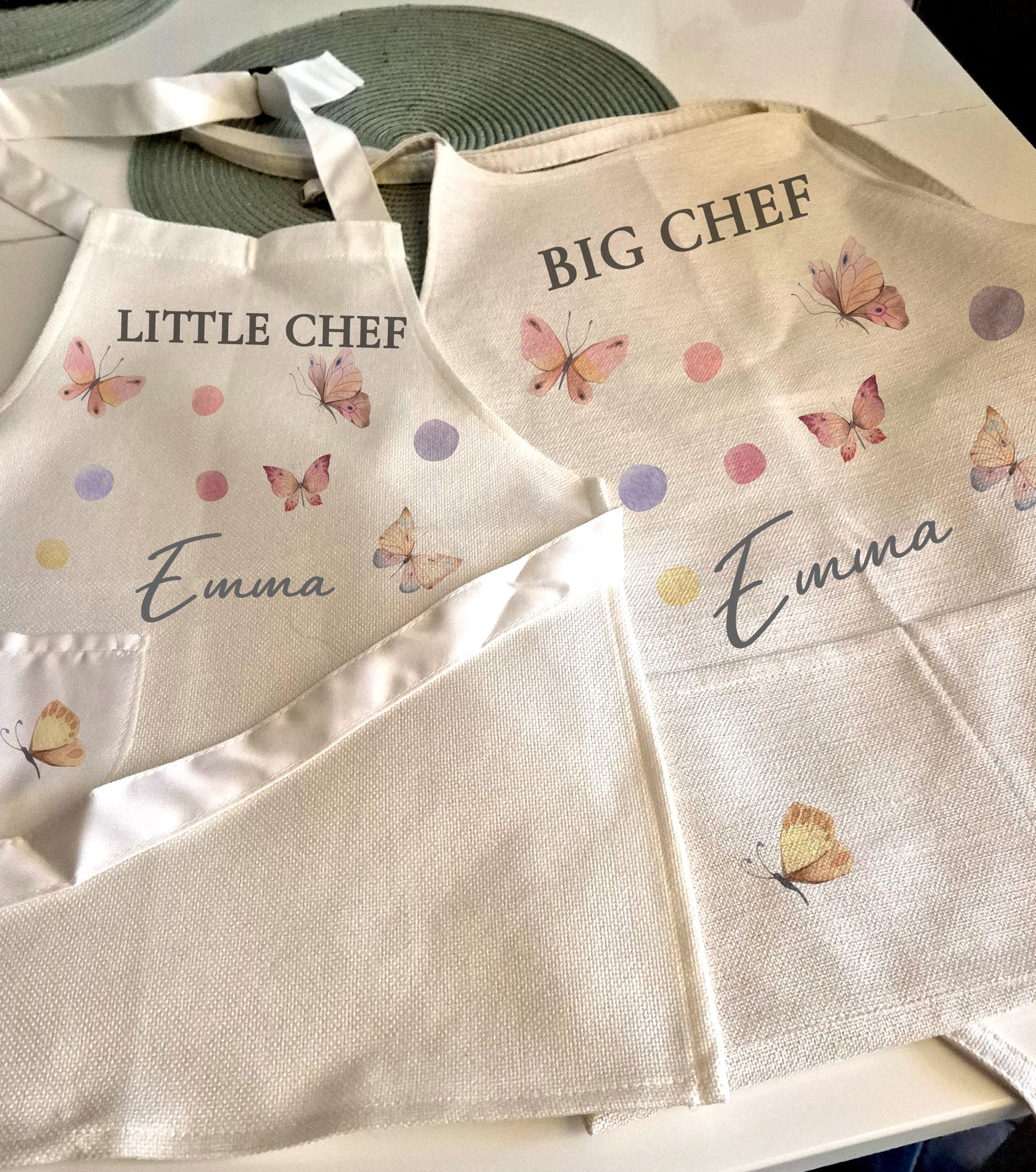 Cute Butterflies baking with mum - Personalised Kids Adult Linen Baking Set
