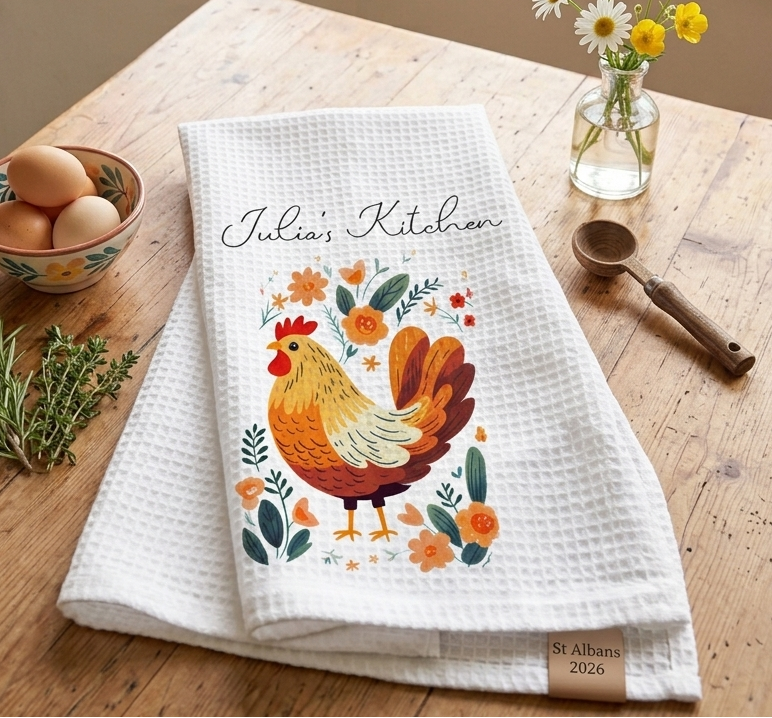 White towel with rooster design and 'Julia's Kitchen' text on a wooden table with eggs and flowers.