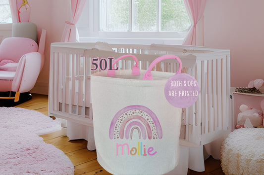 Personalised Pink Girls Rainbow Toy basket Gift Set With Cushion