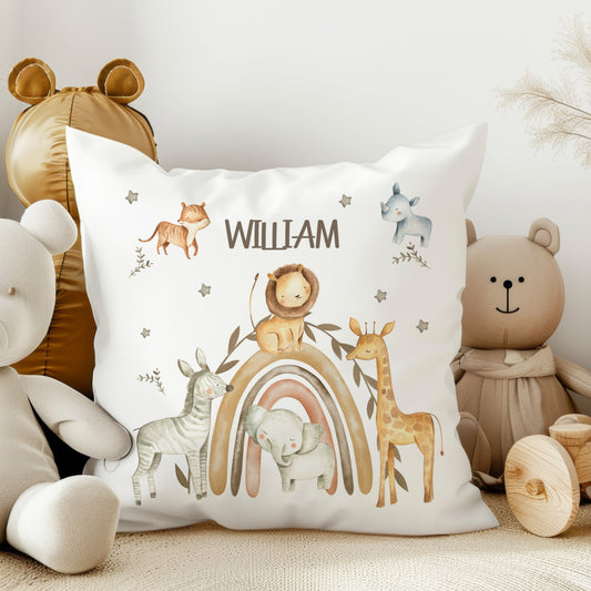 Personalised Rainbow  Design Safari Nursery Cushion