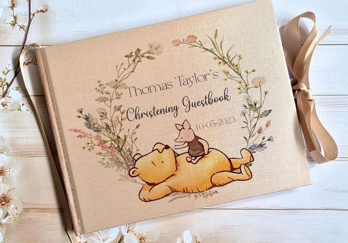 Personalised Golden Christening Pooh Bear Piglet  7X9 INCHES Guestbook, Floral Style Keepsake Album