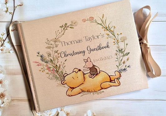 Personalised Golden Christening Pooh Bear Piglet  7X9 INCHES Guestbook, Floral Style Keepsake Album