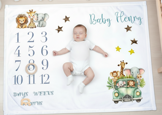 Personalised Safari Theme Milestone Baby Blanket Gift Set