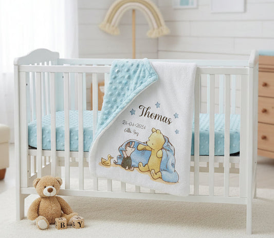 Personalised Pooh Bear Birth Announcement Blanket, nappy cuddy, Watercolour Nursery Throw gift set