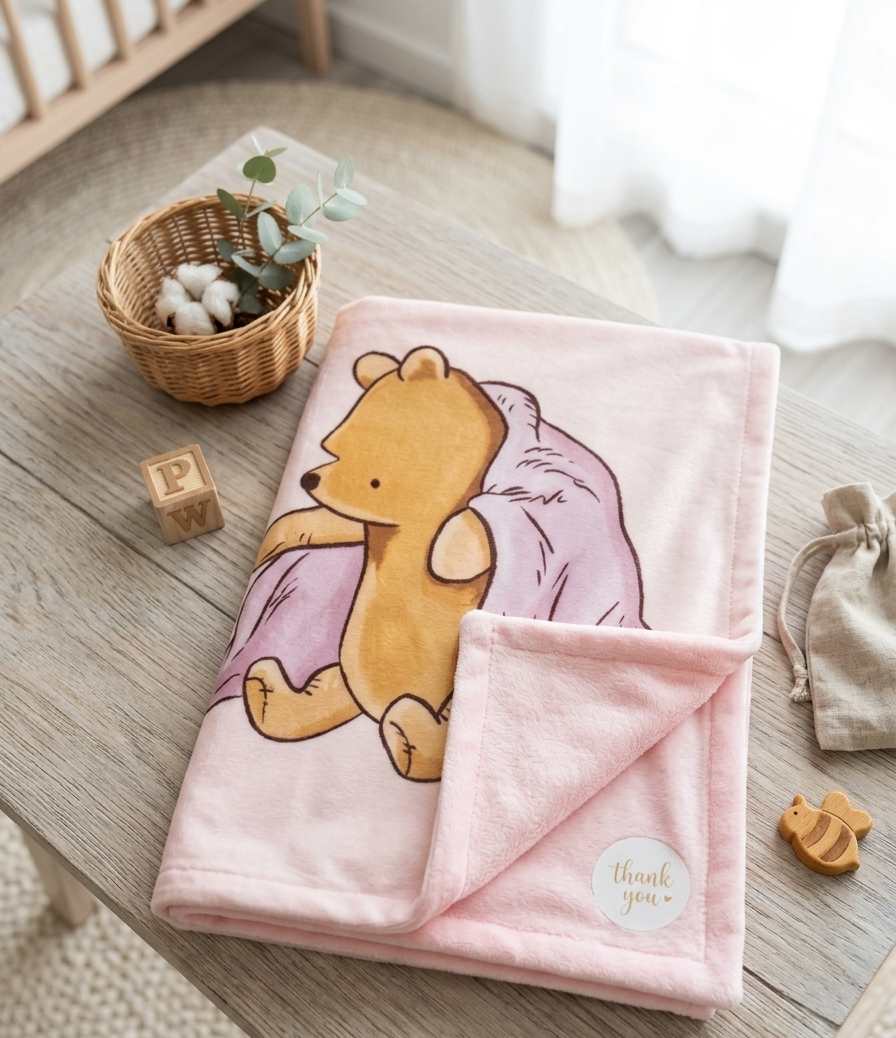 A folded pink plush blanket featuring Winnie the Pooh and a purple pillow graphic, styled on a light wood table with a small wicker basket, cotton boll, wooden blocks, and a drawstring pouch.