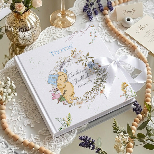 Pooh Bear floral wreath Personalised Baby Shower Guestbook: 8x8 inch Satin Hardcover Album