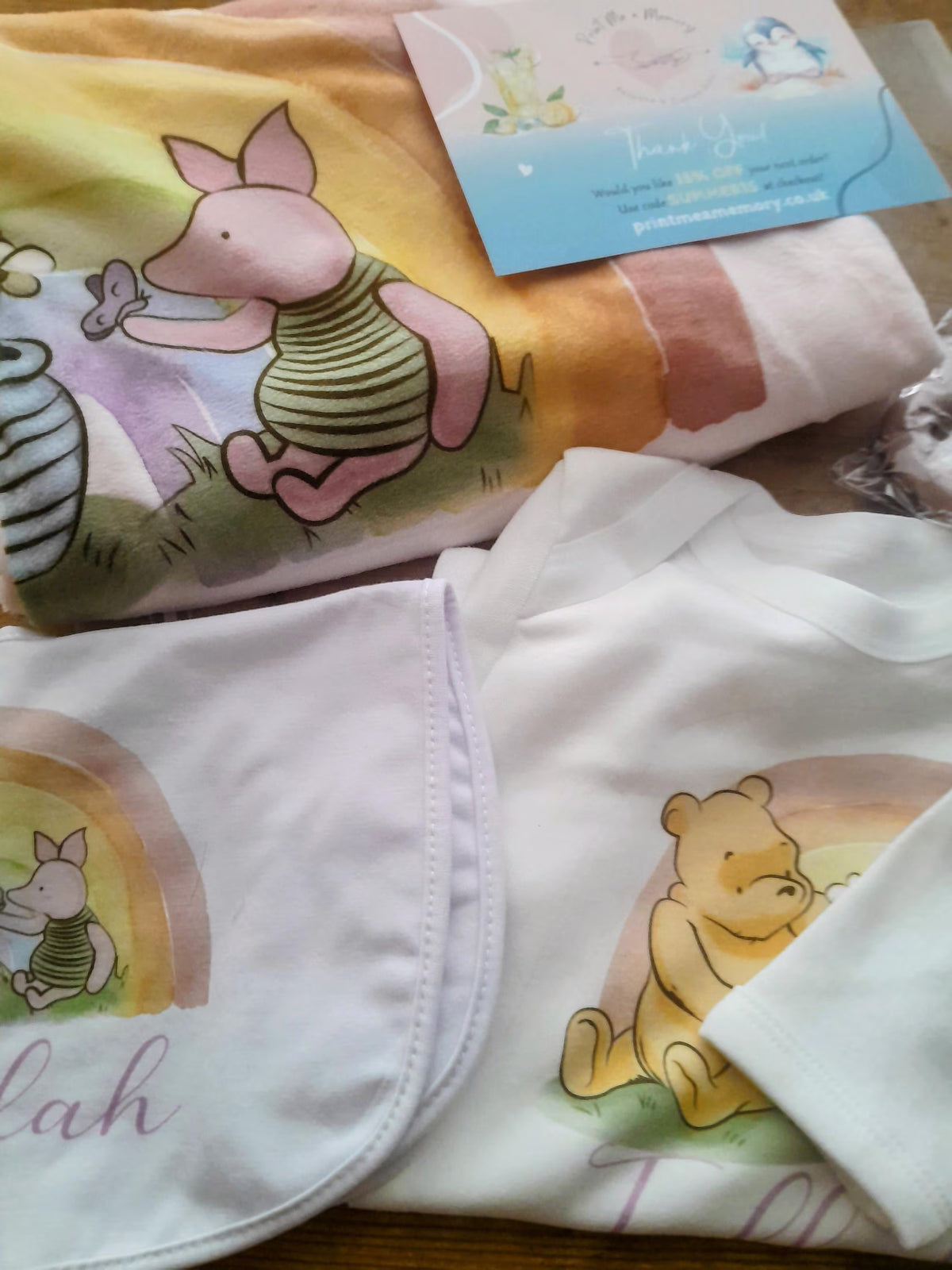 Pooh bear Piglet Rainbow Personalised nursery set with blanket : Blanket, Bib, Sleepsuit gift