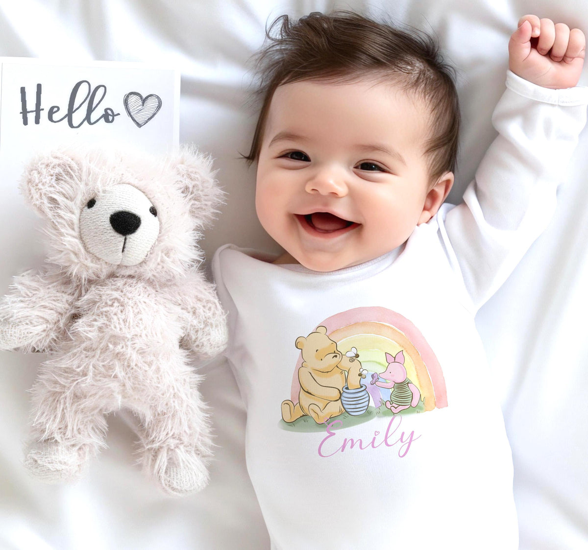 Pooh bear Piglet Rainbow Personalised nursery set with blanket : Blanket, Bib, Sleepsuit gift