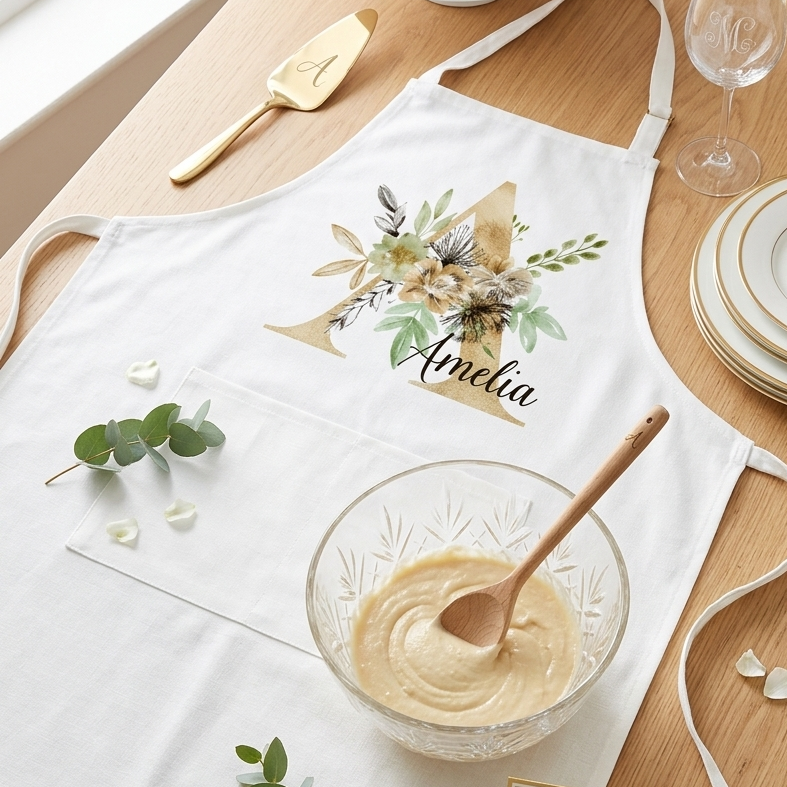 Personalized apron with floral design and 'Amelia' text on a kitchen table with baking items.