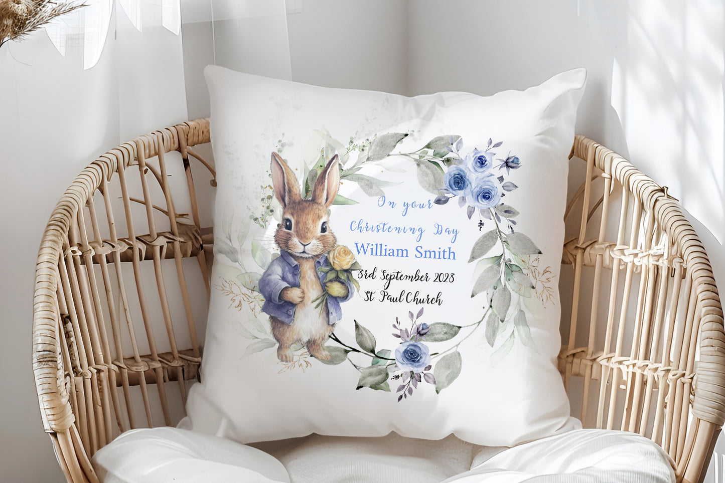 Blue Floral Bunny Design Christening Gift Cushion
