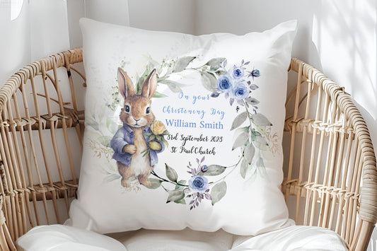 Blue Floral Bunny Design Christening Gift Cushion