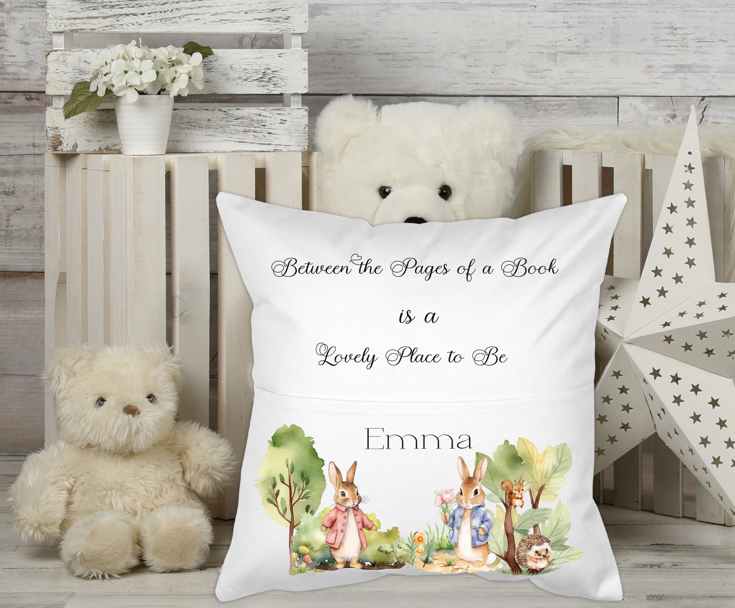 Custom named Rabbit in the Forest Kids Personalised  Pocket Pillow
