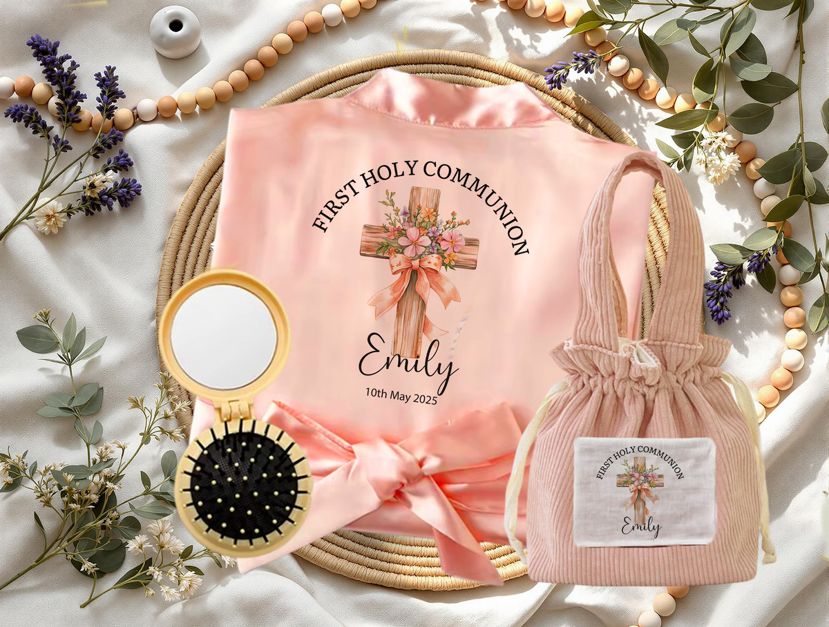 Personalised First Communion Dressing Gown Bag set: Floral Cross Pouch brush baptism Keepsake Gift