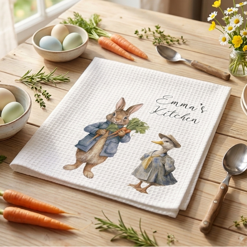 Personalised Classic Rabbit & Jemima Puddle-Duck Kitchen Towel | Custom Waffle Weave Tea Towel
