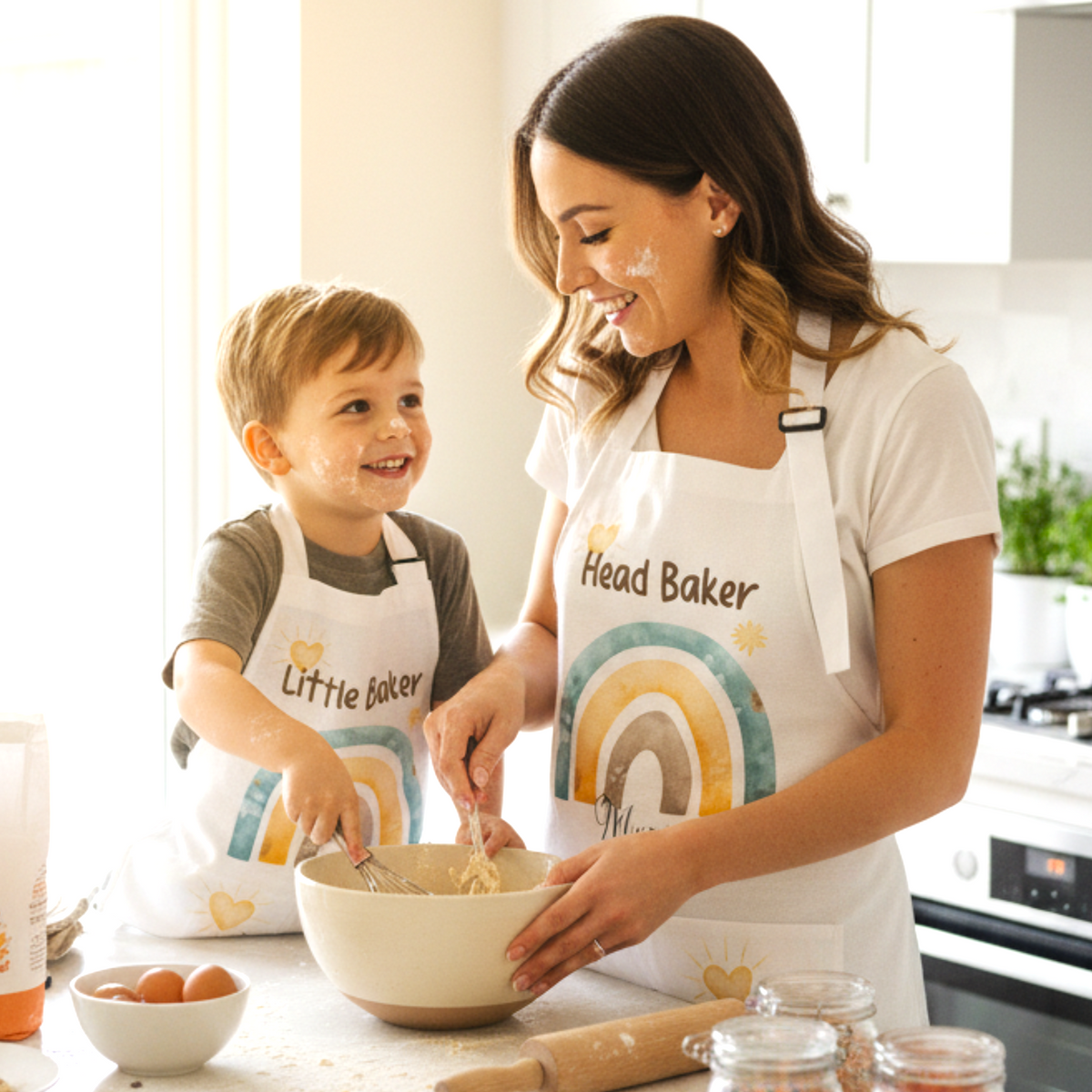 A woman and a young boy baking together in a bright kitchen, both wearing white aprons with a colorful rainbow design and the words 'Head Baker' and 'Little Baker' respectively.