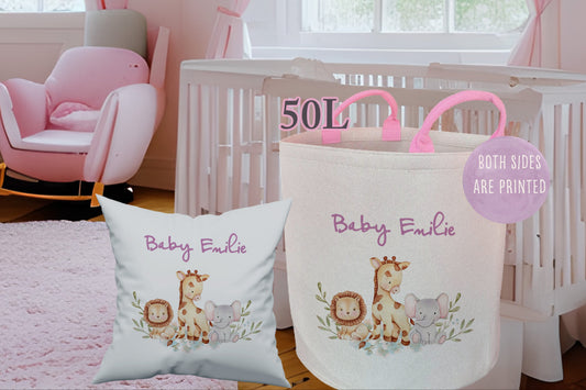 Personalised Safari Nursery Toy Basket & Cushion Set | Custom Baby Gift