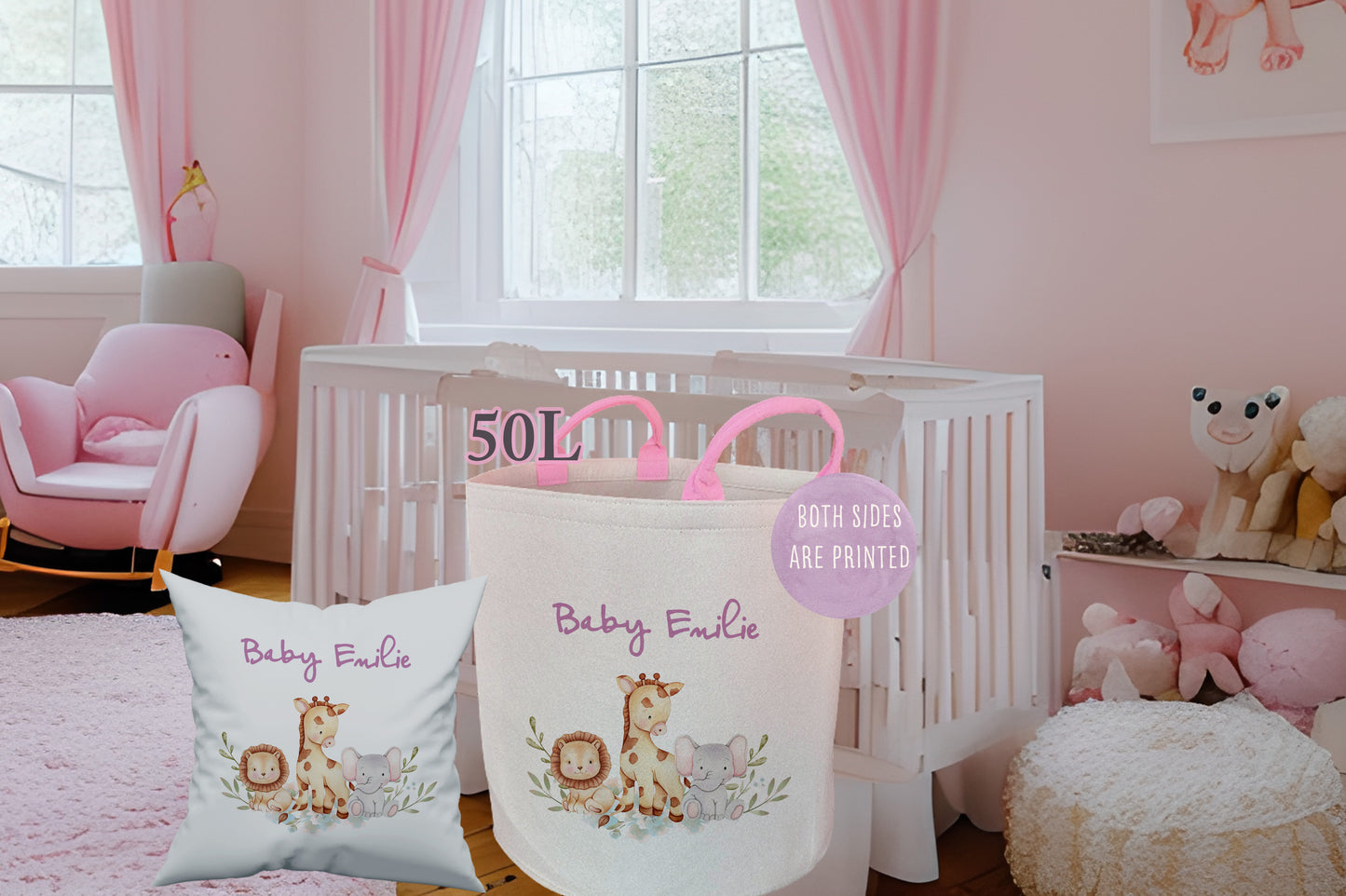Personalised Safari Nursery Toy Basket & Cushion Set | Custom Baby Gift