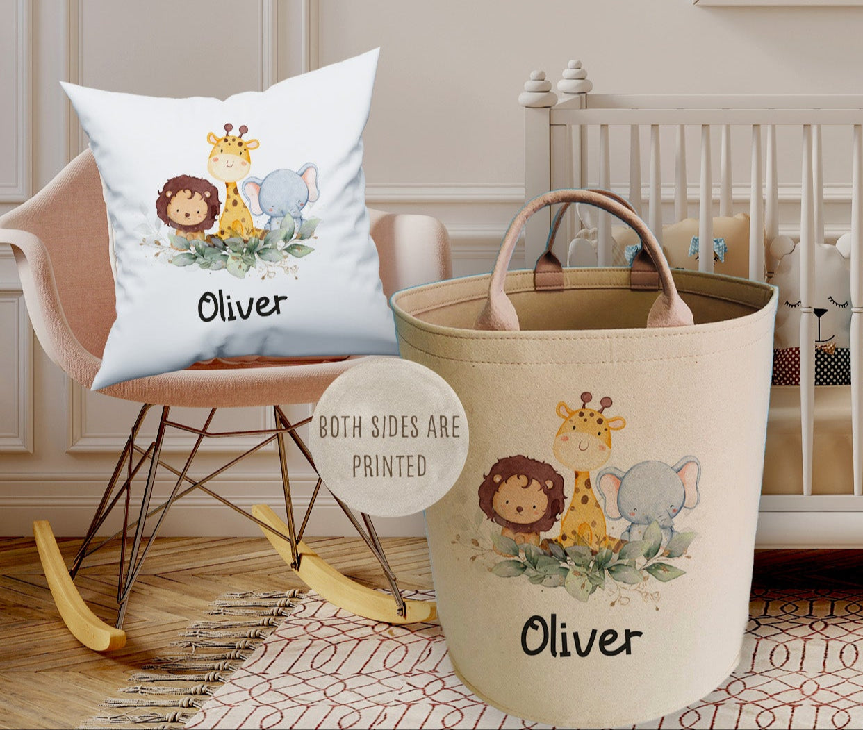 Personalised Safari Design  Large Toy basket Gift Set With Cushion