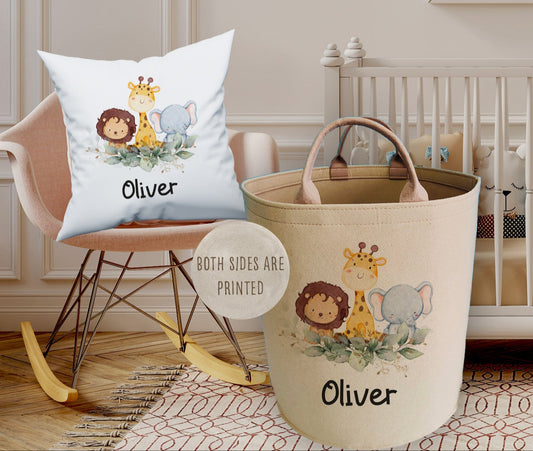 Personalised Safari Design  Large Toy basket Gift Set With Cushion