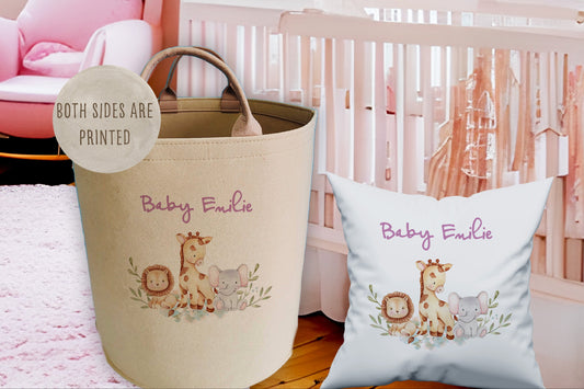 Personalised Safari Animals Large Toy basket Gift Set With Cushion
