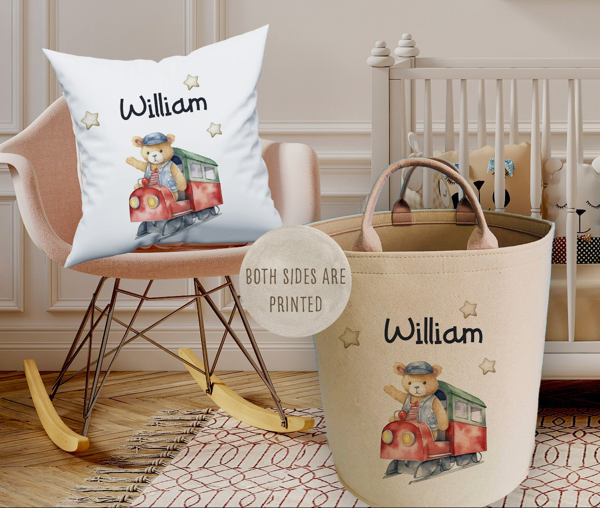 Personalised Train Theme  Large Toy basket Gift Set With Cushion